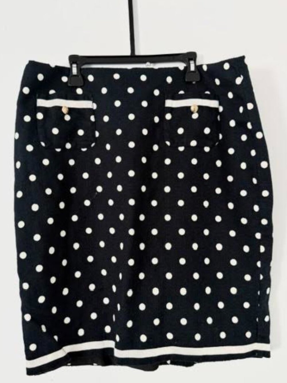 Talbots Women’s Petite 14P Navy Polka Dot Pencil Skirt Gold Button Detail